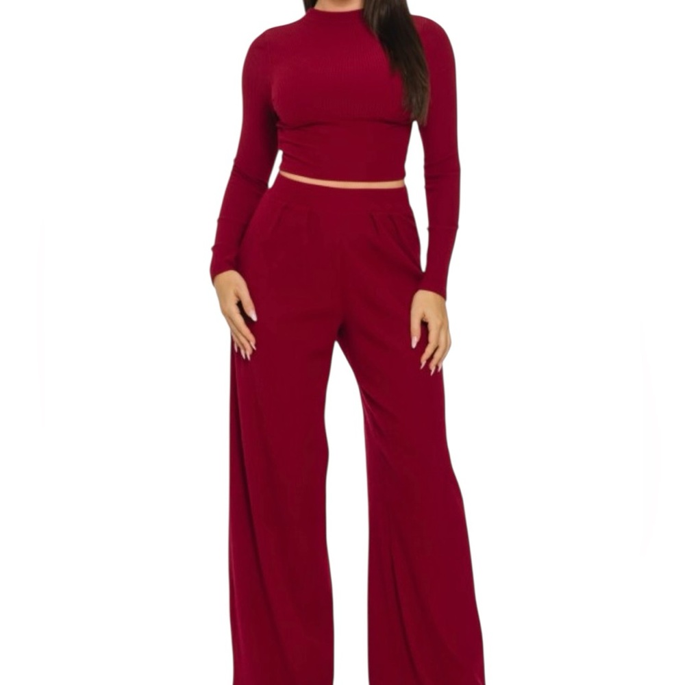 📦Julia by Love J Ribbed Two Piece Athlesure/Dress/Comfort Pant Set in Burgundy